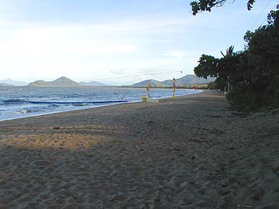 Note the warning flags.  This small enclosure, on a beach north of Cairns, is to keep jellyfish out so that people can have a swim in the sea.