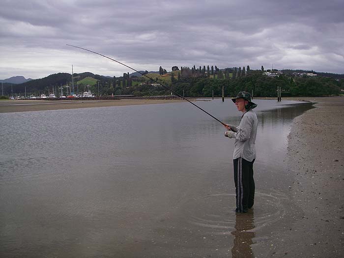 Richard into a kahawai in the main channel of the flats at Whangamata.  Fish often tend to hold under the boats.