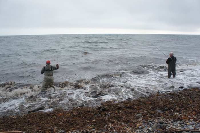 Nigel and me flogging away.  The crap in the breaking waves made it tricky to beach fish on the fly gear.