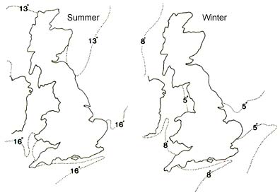 2. Summer and winter sea-surface temperatures around Britain. Cod prefer sea temperatures below 10°C.